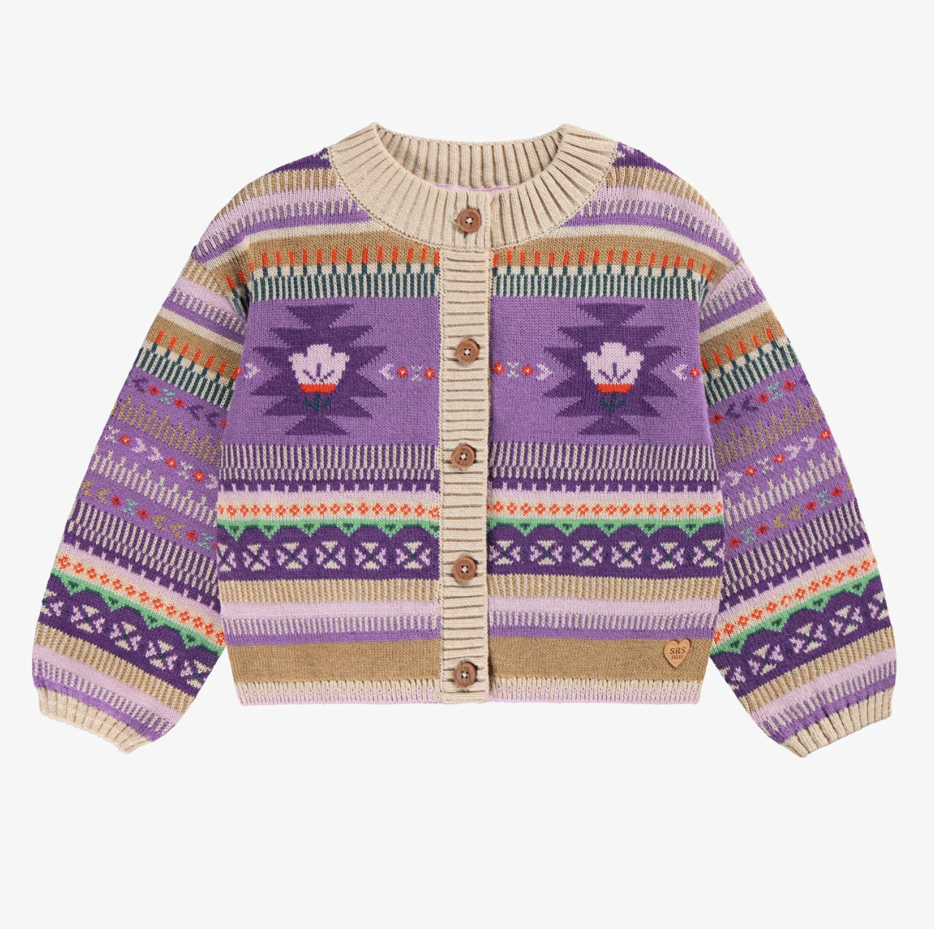 Beige and purple knit cardigan with patterns, child