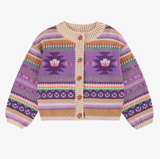 Beige and purple knit cardigan with patterns, child